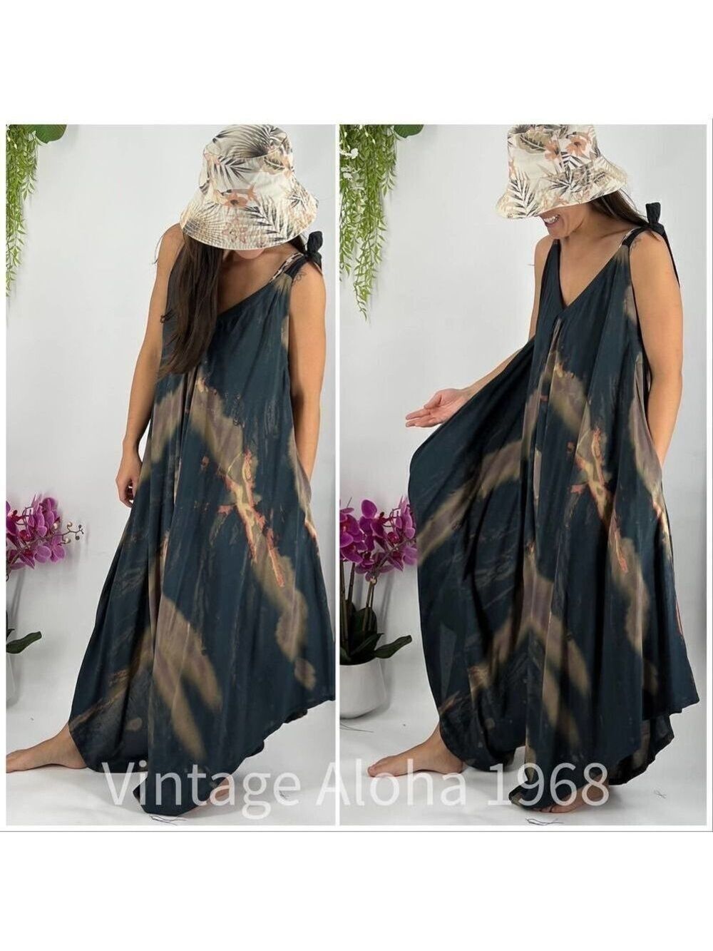 Pōʻalima Romper Charcoal Black/Taupe/Coral Tropical Boho Wide Leg Summer Beach